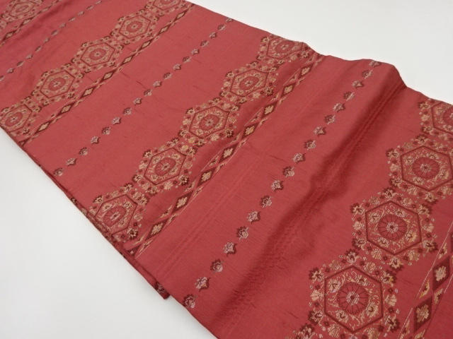 リサイクル　横段に亀甲・草花模様織出し名古屋帯